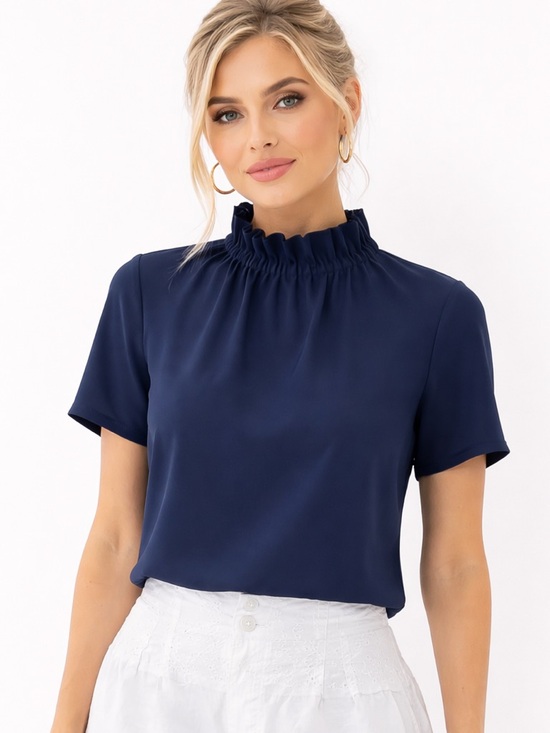 Ann Taylor Tops - NWT Ann Taylor Navy Smocked Mock Neck Short Sleeve Blouse